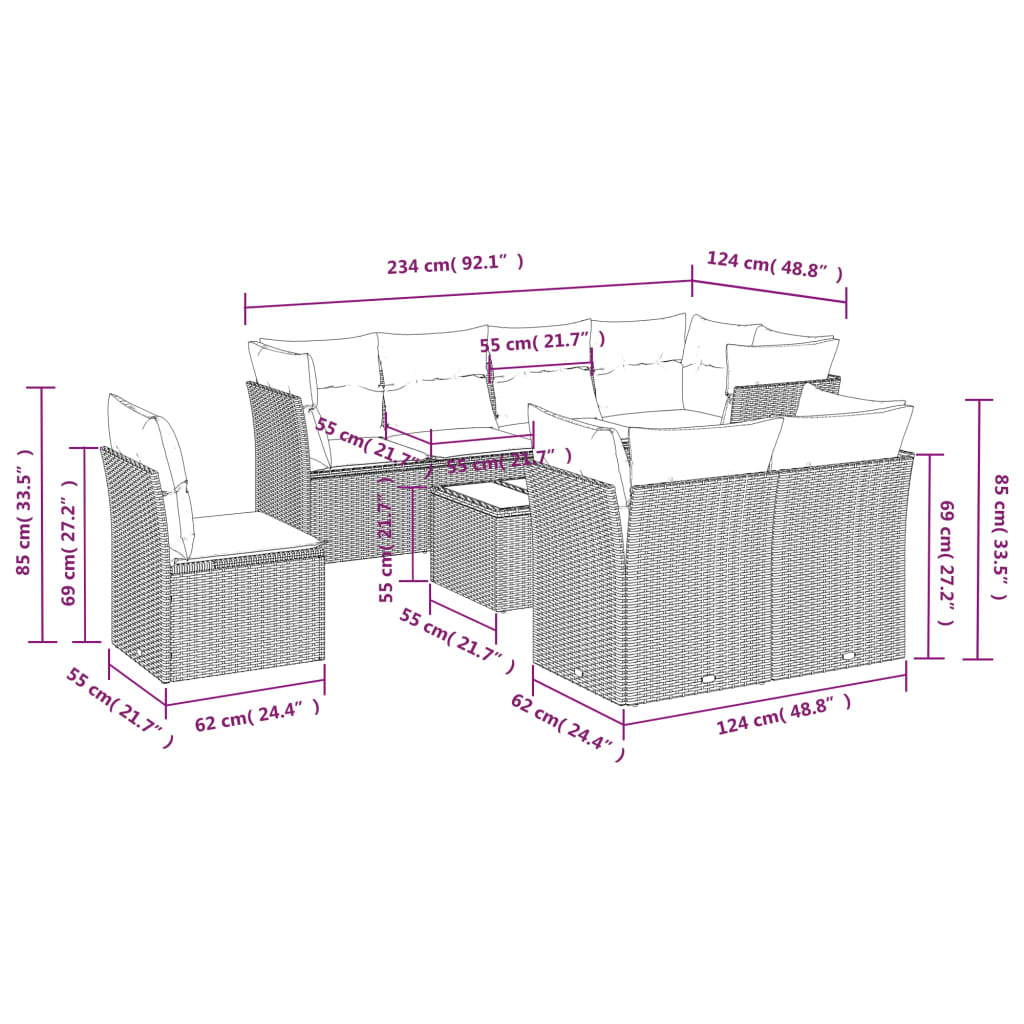 9-tlg. Garten-Sofagarnitur mit Kissen Braun Poly Rattan - Premium Gartenmöbel-Sets - Just €795.68! Shop now at homesales4u