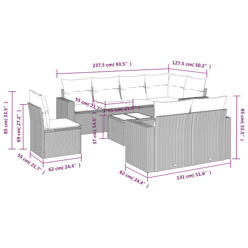 9-tlg. Garten-Sofagarnitur mit Kissen Braun Poly Rattan - Premium Gartenmöbel-Sets - Just €805.39! Shop now at homesales4u