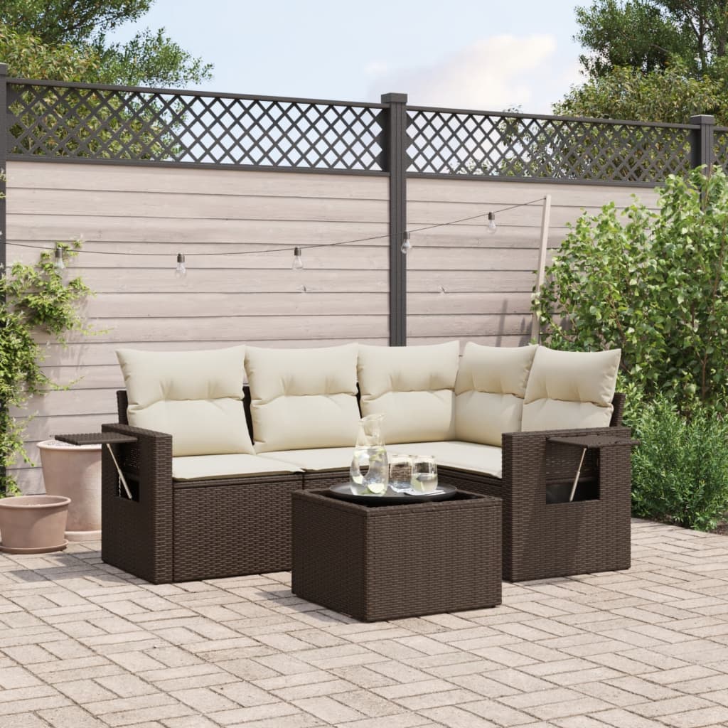 5-tlg. Garten-Sofagarnitur mit Kissen Braun Poly Rattan - Premium Gartenmöbel-Sets - Just €489.81! Shop now at homesales4u