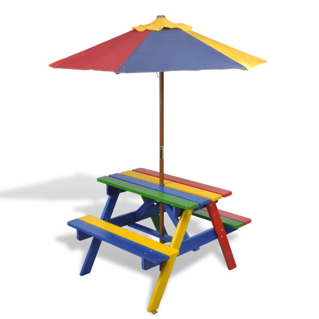 Kinder-Picknicktisch mit Bänken & Sonnenschirm Mehrfarbig Holz - Premium Gartentische - Just €112.70! Shop now at homesales4u