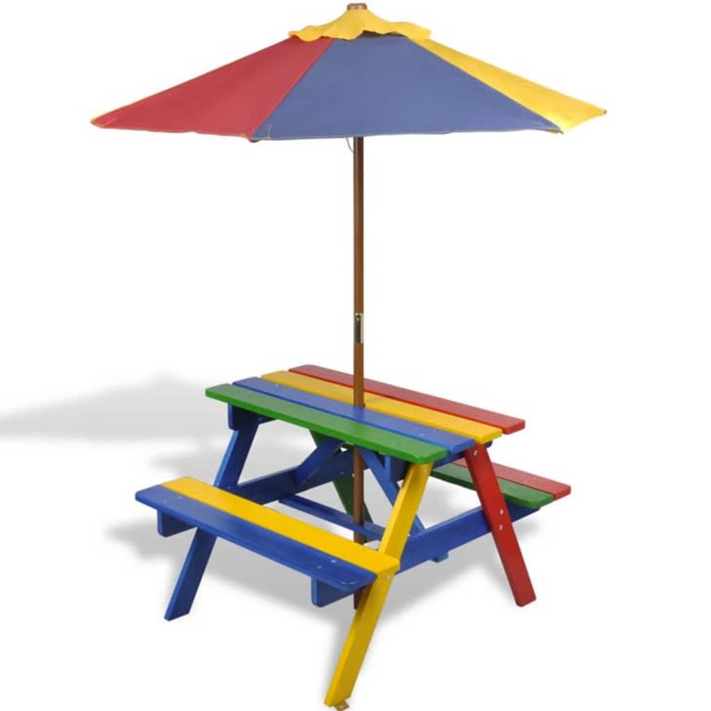 Kinder-Picknicktisch mit Bänken & Sonnenschirm Mehrfarbig Holz - Premium Gartentische - Just €112.70! Shop now at homesales4u