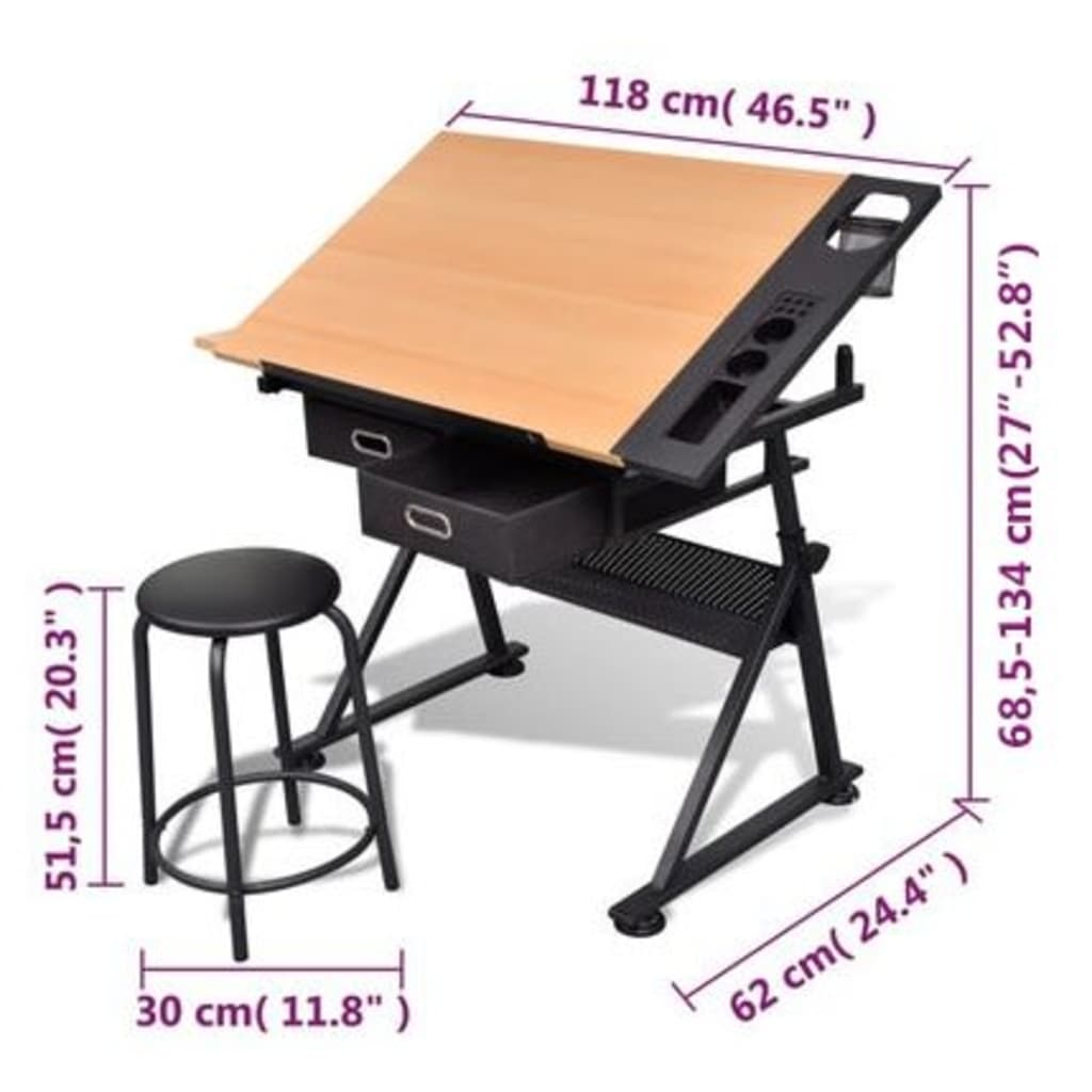 Zeichentisch mit neigbarer Tischplatte 2 Schubladen und Hocker - Premium Architekten- & Zeichentische - Just €242! Shop now at homesales4u