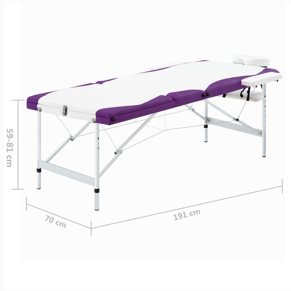 Massageliege Klappbar 3-Zonen Aluminiumgestell Weiß und Lila - Premium Massagetische - Just €209.55! Shop now at homesales4u