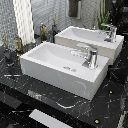 Waschbecken Rechteckig mit Hahnloch Keramik Weiß 46x25,5x12 cm - Premium Badezimmer-Waschbecken  - Just €79.37! Shop now at homesales4u