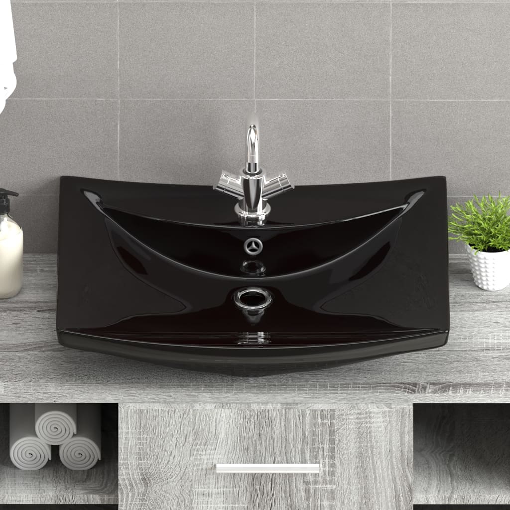 Luxuriöses Keramik-Waschbecken rechteckig mit Überlauf &amp; Hahnloch schwarz - Premium Badezimmer-Waschbecken  - Just €129.85! Shop now at homesales4u