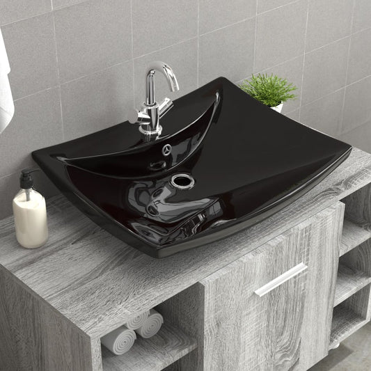 Luxuriöses Keramik-Waschbecken rechteckig mit Überlauf &amp; Hahnloch schwarz - Premium Badezimmer-Waschbecken  - Just €129.85! Shop now at homesales4u