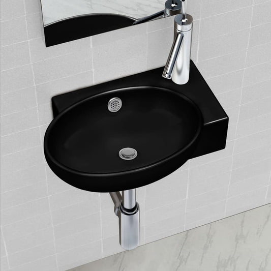 Keramik Waschbecken mit Hahn/Überlaufloch Schwarz Rund - Premium Badezimmer-Waschbecken  - Just €82.64! Shop now at homesales4u