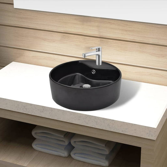 Keramik Waschbecken Hahnloch/Überlaufloch schwarz rund - Premium Badezimmer-Waschbecken  - Just €89.75! Shop now at homesales4u