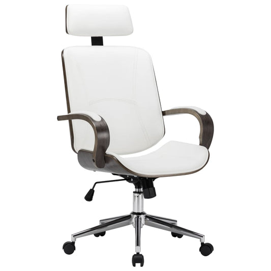 Drehbarer Bürostuhl mit Kopfstütze Weiß Kunstleder und Bugholz - Premium Bürostühle  - Just €246.97! Shop now at homesales4u