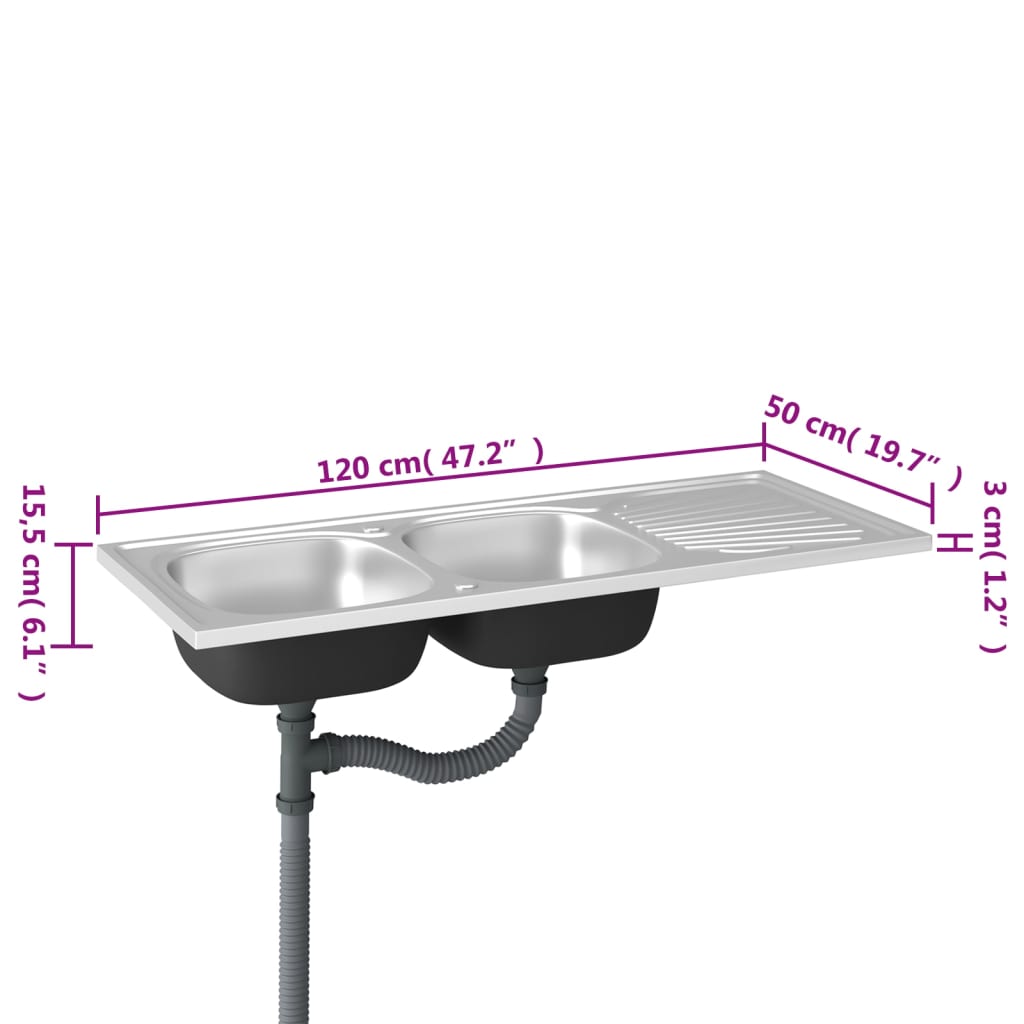 Doppelspüle Silbern 1200x500x155 mm Edelstahl - Premium Küchenspülen & Spülbecken  - Just €207.53! Shop now at homesales4u