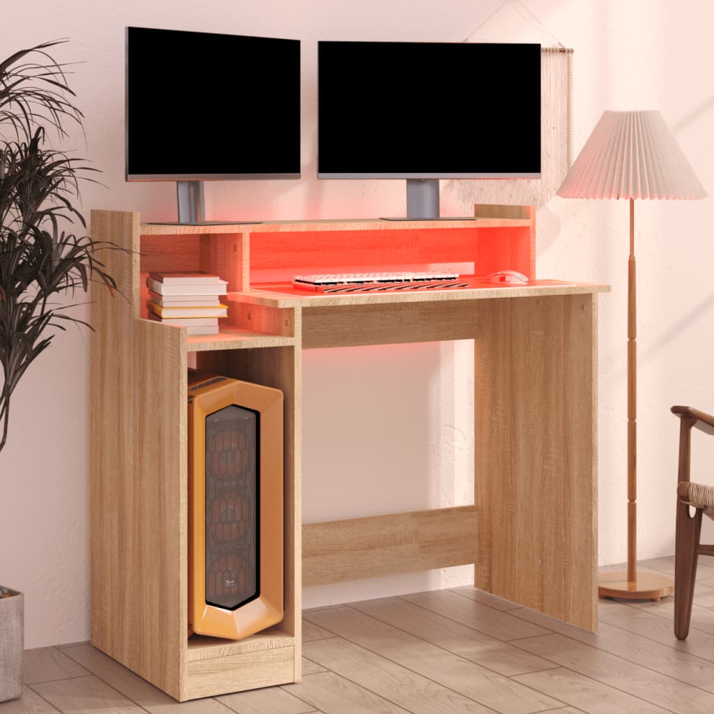 Schreibtisch mit LEDs Sonoma-Eiche 97x45x90 cm Holzwerkstoff - Premium Schreibtische  - Just €82.03! Shop now at homesales4u