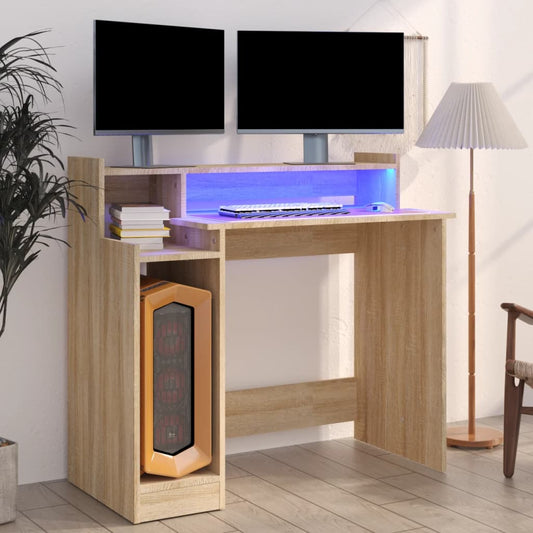 Schreibtisch mit LEDs Sonoma-Eiche 97x45x90 cm Holzwerkstoff - Premium Schreibtische  - Just €82.03! Shop now at homesales4u