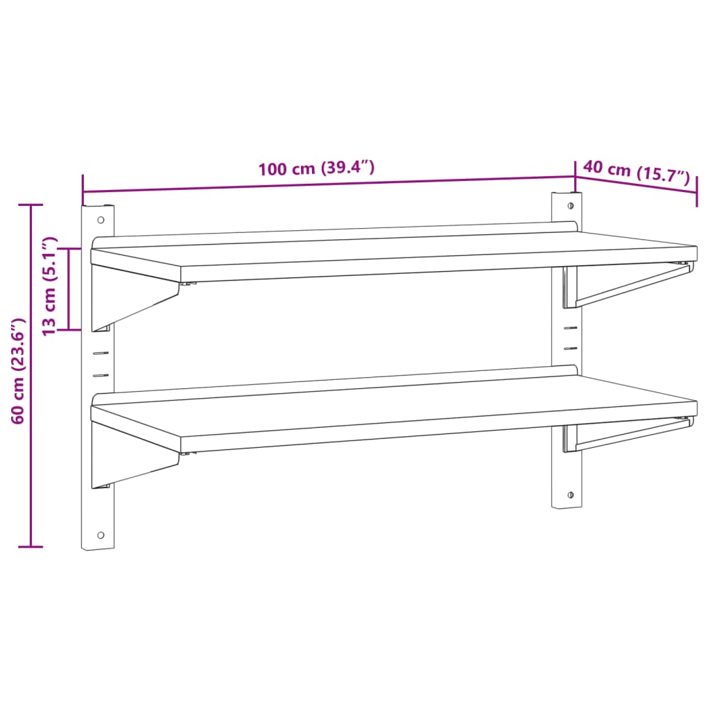 Wandregal mit 2 Böden 100x40x60 cm Silbern Edelstahl - Premium Wandregale  - Just €94.52! Shop now at homesales4u