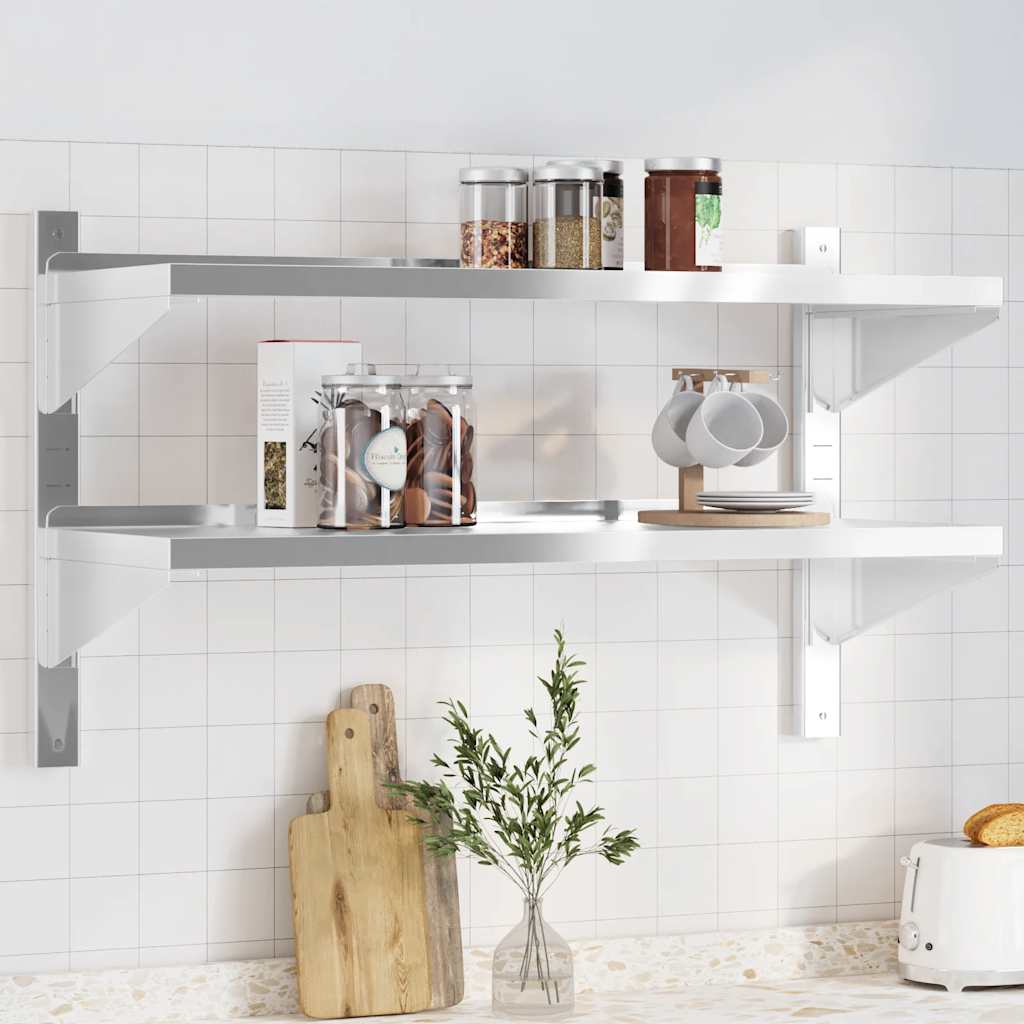 Wandregal mit 2 Böden 100x40x60 cm Silbern Edelstahl - Premium Wandregale  - Just €94.52! Shop now at homesales4u