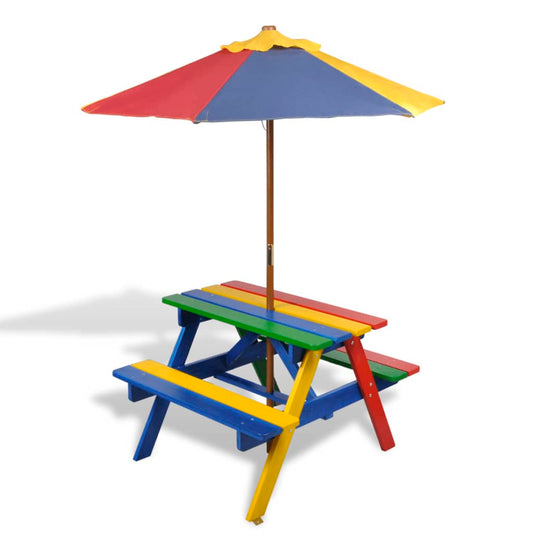 Kinder-Picknicktisch mit Bänken & Sonnenschirm Mehrfarbig Holz - Premium Gartentische  - Just €112.70! Shop now at homesales4u