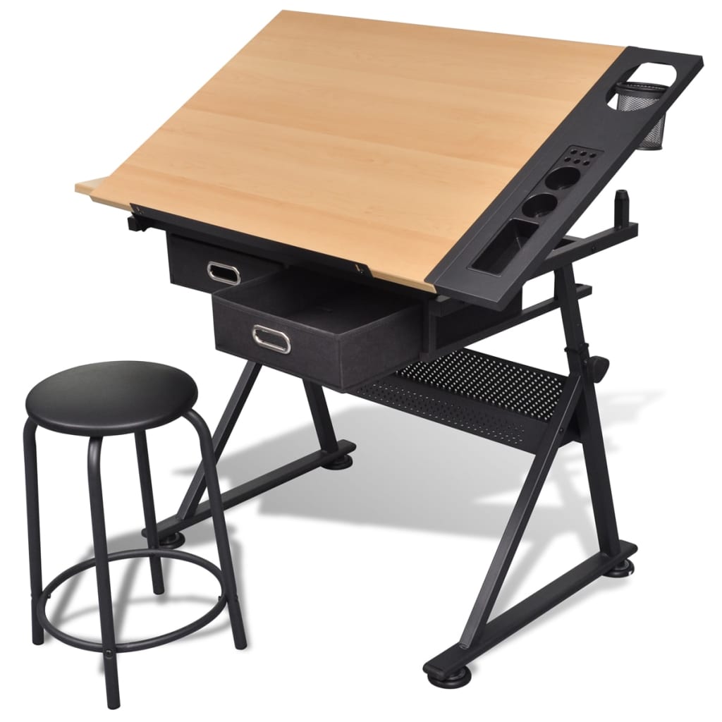 Zeichentisch mit neigbarer Tischplatte 2 Schubladen und Hocker - Premium Architekten- & Zeichentische  - Just €242! Shop now at homesales4u